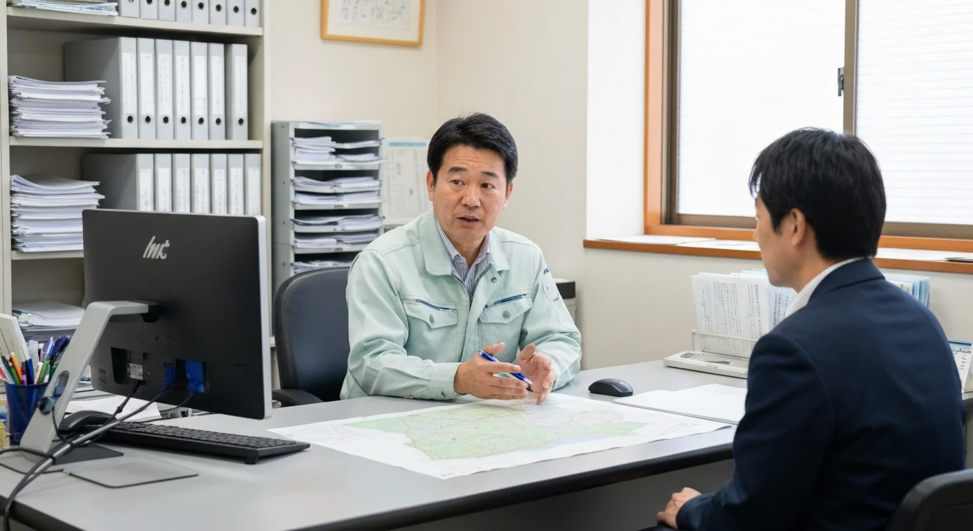 机上で測量図面を確認しながら相談対応を行う様子