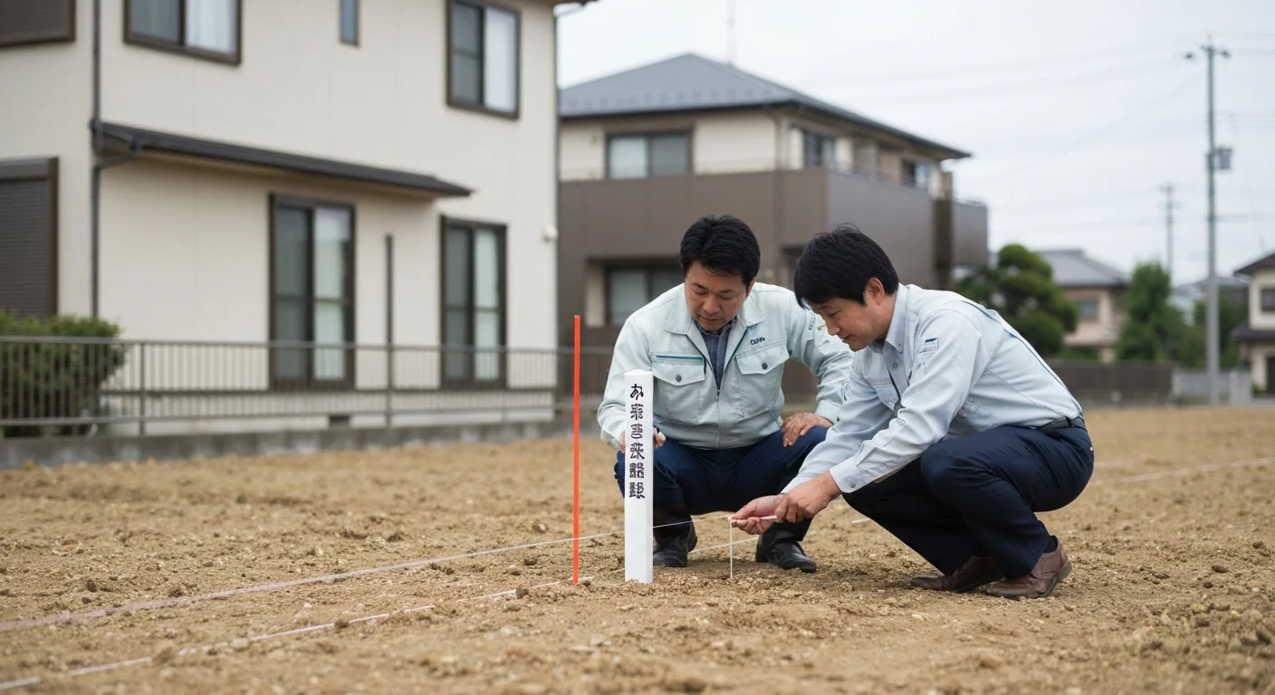 境界標の位置を立会いで確認している敷地境界の現場