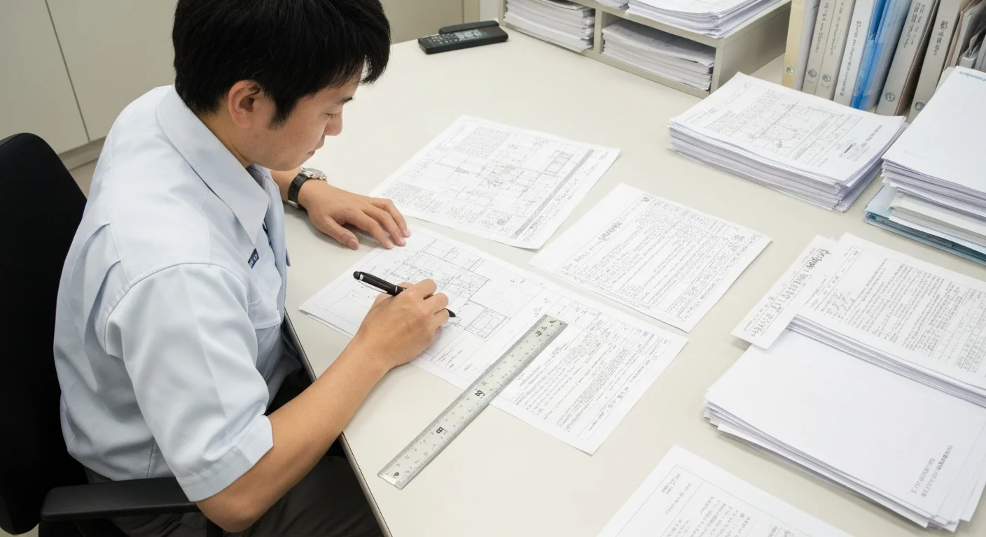 地積測量図と現地資料を机上で並べて確認する図面作成の様子